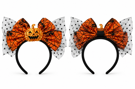 Spooky Cute Pumpkin & Spiderweb Halloween Bow Headband
